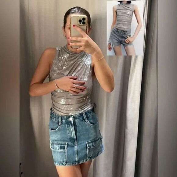 ZARA METALLIC PRINTED TULLE TOP - Picture 1 of 6